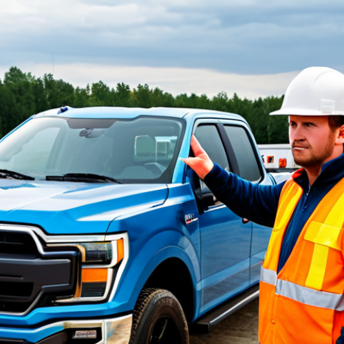 Home 11 Ford F-150 Lightning - Construction Site**
"A Ford F-150 Lightning, fully clothed, in a modest blue color, parked at a modern construction site with workers wearing hard hats and safety vests, appropriate attire, safe for work, professional setting, daytime, perfect anatomy, correct proportions, well-formed hands, proper finger count, natural pose, family-friendly."
**